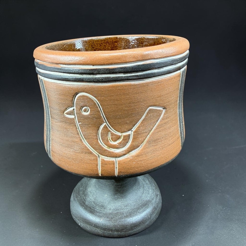 Armando de Mexico Studio Pottery Bird Chalice Terracotta Pedestal Cup Signed 5in